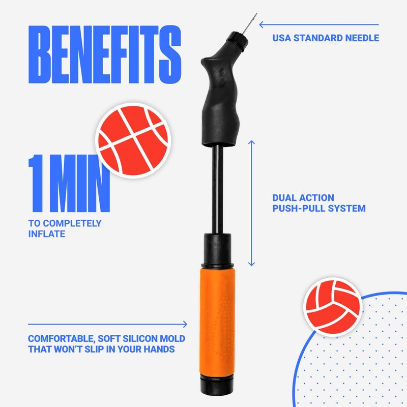 SPORTBIT Ball Pump for Sports Balls - Push & Pull Inflating System - Hand Pump for All Exercise Balls - Volleyball Pump, Basketball Inflator, Football & Soccer Ball Air Pump - Goes with 5 Needles Set - Image 4