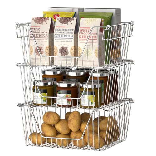 Slideep Large Stackable Storage Baskets Cabinet Organizer Sturdy Metal Wire Pantry Freezer Bin for Pantry Home Bathroom Kitchen Organization 3 Packs - Image 2