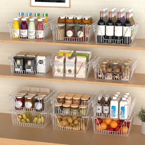 Slideep Large Stackable Storage Baskets Cabinet Organizer Sturdy Metal Wire Pantry Freezer Bin for Pantry Home Bathroom Kitchen Organization 3 Packs - Image 5