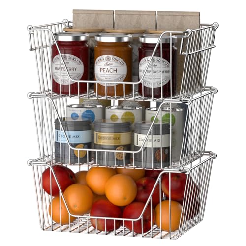 Slideep Large Stackable Storage Baskets Cabinet Organizer Sturdy Metal Wire Pantry Freezer Bin for Pantry Home Bathroom Kitchen Organization 3 Packs - Image 3