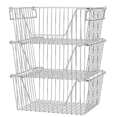 Slideep Large Stackable Storage Baskets Cabinet Organizer Sturdy Metal Wire Pantry Freezer Bin for Pantry Home Bathroom Kitchen Organization 3 Packs - Image 1