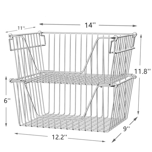 Slideep Large Stackable Storage Baskets Cabinet Organizer Sturdy Metal Wire Pantry Freezer Bin for Pantry Home Bathroom Kitchen Organization 3 Packs - Image 4