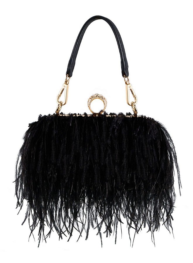 Tessco حقيبة توت نسائية من ريش النعام، محفظة فخمة، حقيبة يد مسائية للزفاف وذكرى الزواج والحفلات (أسود) - Image 1
