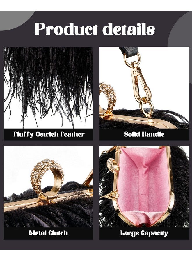 Tessco حقيبة توت نسائية من ريش النعام، محفظة فخمة، حقيبة يد مسائية للزفاف وذكرى الزواج والحفلات (أسود) - Image 4