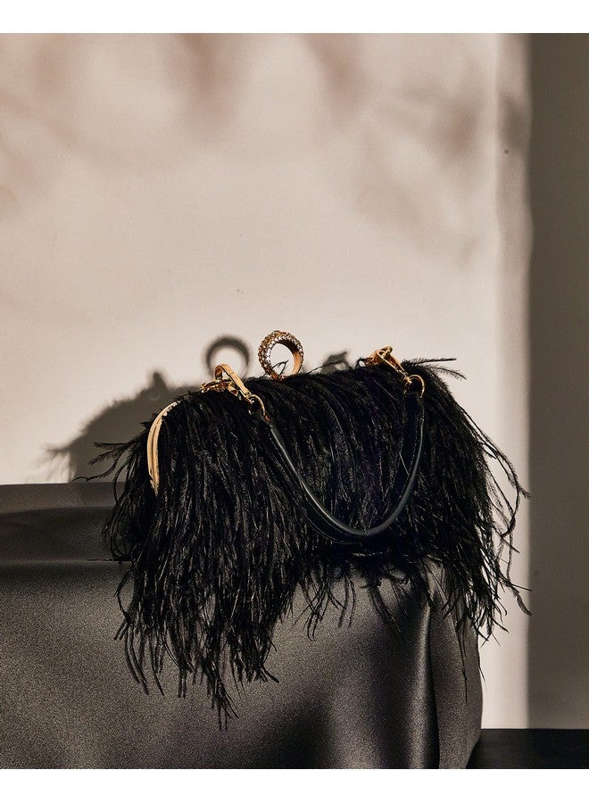 Tessco حقيبة توت نسائية من ريش النعام، محفظة فخمة، حقيبة يد مسائية للزفاف وذكرى الزواج والحفلات (أسود) - Image 3