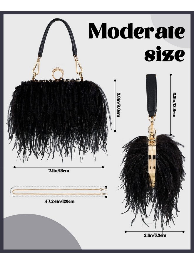 Tessco حقيبة توت نسائية من ريش النعام، محفظة فخمة، حقيبة يد مسائية للزفاف وذكرى الزواج والحفلات (أسود) - Image 2