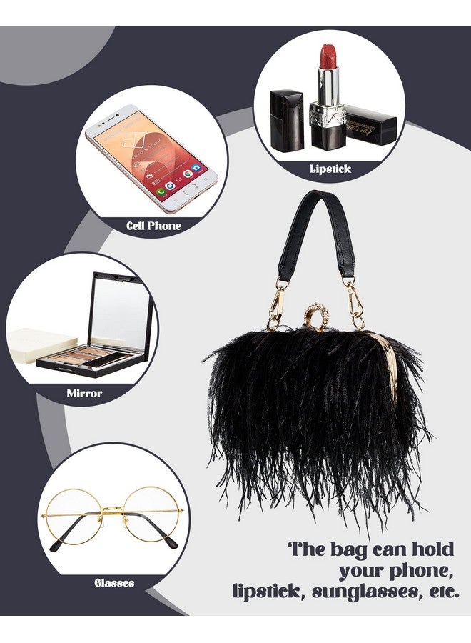 Tessco حقيبة توت نسائية من ريش النعام، محفظة فخمة، حقيبة يد مسائية للزفاف وذكرى الزواج والحفلات (أسود) - Image 5