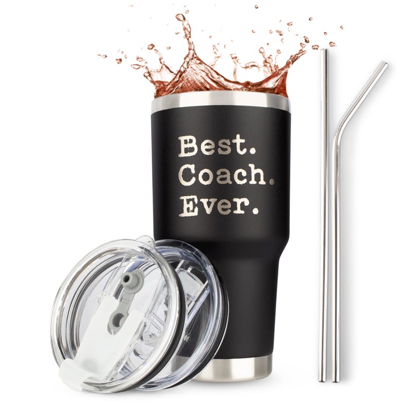 JENVIO Coach Gifts  Best Coach Ever  Stainless Steel Laser Etched Travel Tumbler Coffee Mug with 2 Lids and 2 Straws  Basketball Volleyball Wrestling Swimming Christmas 30 Ounce Black