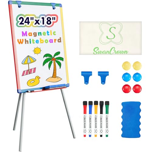 S SWANCROWN Dry Erase Board White Board for Kids 24x18 inch Art Easel for Kids Magnetic Tripod Whiteboard Art Easel and Flipchart Board with a HeightAdjustable Stand Perfect for Kid - Image 1