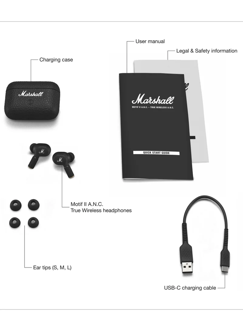Marshall Motif II ANC - True Wireless Active Noise Cancelling Bluetooth Headphones, Earbuds, 30 hours playtime – Black