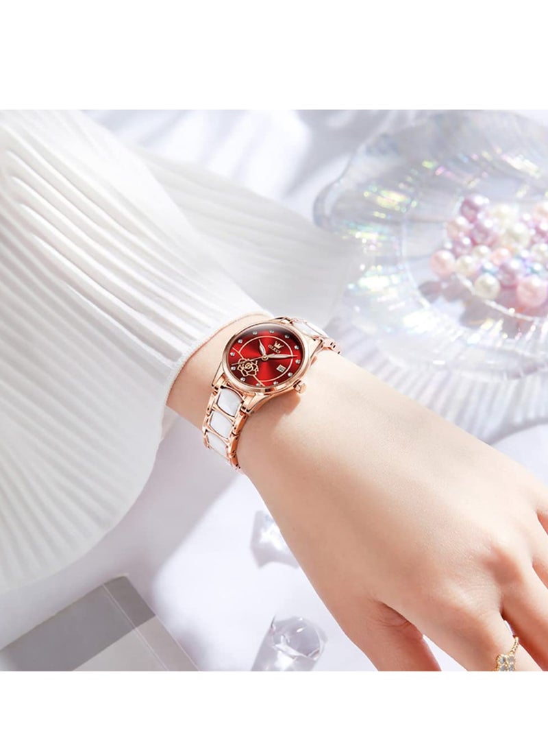 أوليفز ساعة OLEVS للسيدات باللون الذهبي الوردي والسيراميك بتصميم أنيق أنيق وفاخر 3ATM تاريخ مقاوم للماء ساعة كوارتز خضراء مضيئة - Image 4