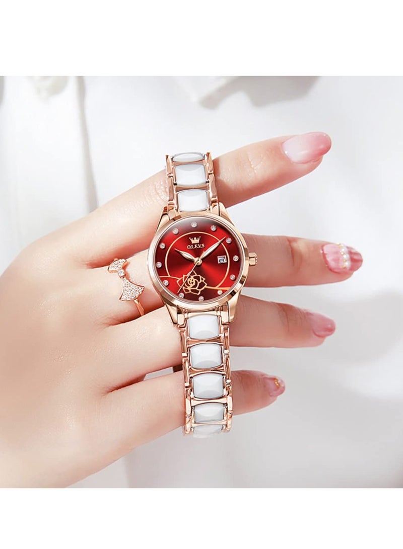 أوليفز ساعة OLEVS للسيدات باللون الذهبي الوردي والسيراميك بتصميم أنيق أنيق وفاخر 3ATM تاريخ مقاوم للماء ساعة كوارتز خضراء مضيئة - Image 3