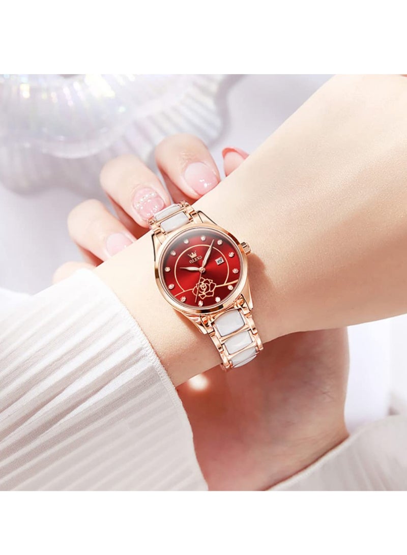 أوليفز ساعة OLEVS للسيدات باللون الذهبي الوردي والسيراميك بتصميم أنيق أنيق وفاخر 3ATM تاريخ مقاوم للماء ساعة كوارتز خضراء مضيئة - Image 2