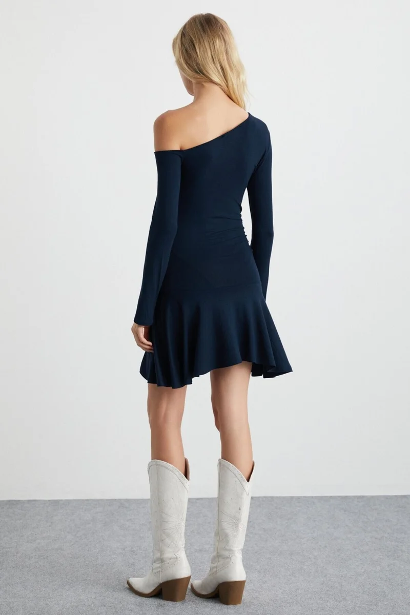 GRIMELANGE Glenis Women's Viscose Boat Neck Slim Fit Navy Blue Dress