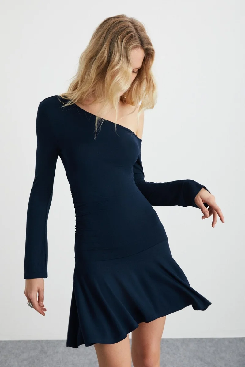 GRIMELANGE Glenis Women's Viscose Boat Neck Slim Fit Navy Blue Dress