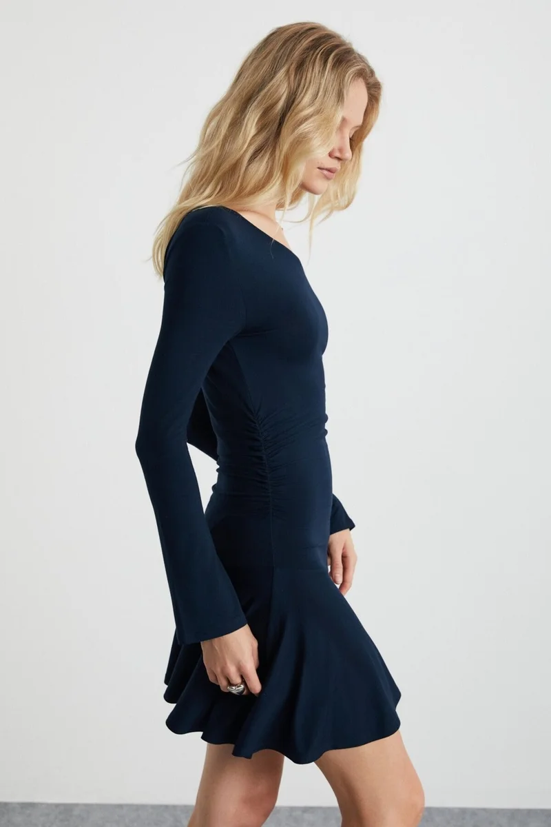 GRIMELANGE Glenis Women's Viscose Boat Neck Slim Fit Navy Blue Dress