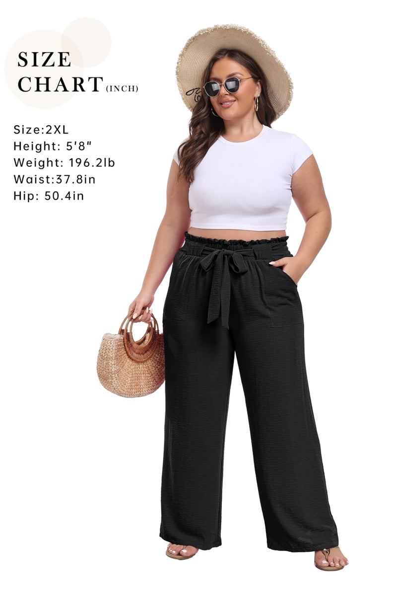 IWOLLENCE Women's Wide Leg Pants with Pockets High Waist Adjustable Knot Loose Casual Trousers Business Work Casual Pants Black XX-Large - Image 5