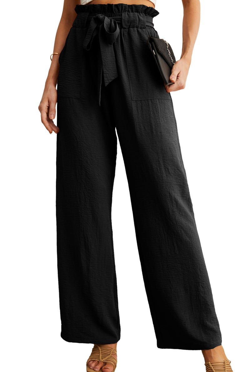 IWOLLENCE Women's Wide Leg Pants with Pockets High Waist Adjustable Knot Loose Casual Trousers Business Work Casual Pants Black XX-Large - Image 4
