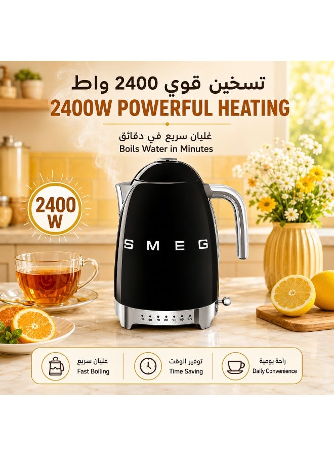 SMEG 50’s Retro Variable Temperature Electric Kettle Water Boiler, 1.7L, 2400W, 7 Heat Settings 50–100°C, 20-Min Keep Warm, 360° Swivel Base, Glossy Black - Image 3