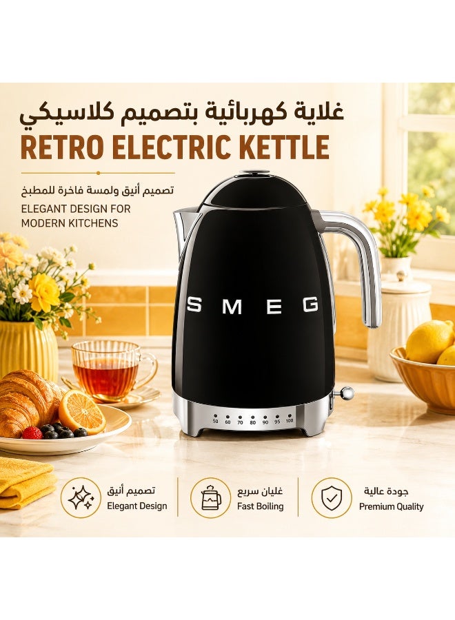 SMEG 50’s Retro Variable Temperature Electric Kettle Water Boiler, 1.7L, 2400W, 7 Heat Settings 50–100°C, 20-Min Keep Warm, 360° Swivel Base, Glossy Black - Image 1