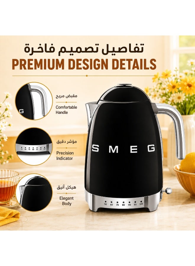 SMEG 50’s Retro Variable Temperature Electric Kettle Water Boiler, 1.7L, 2400W, 7 Heat Settings 50–100°C, 20-Min Keep Warm, 360° Swivel Base, Glossy Black - Image 4
