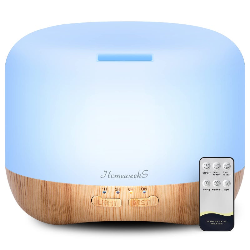Homeweeks 300ml Essential Oil Diffuser Quiet Aromatherapy Mist Diffusers for Essential Oils Wood Grain Ultrasonic Remote Control Timer 7 Colors Light for Bedroom 300ml