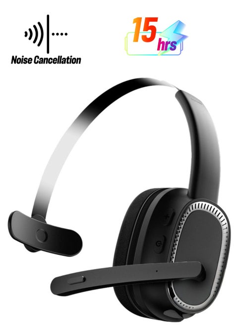 Mono Headphone with Microphone Noise Cancelling Microphone Mute Button Adjustable Headband ENC Flexible 270° Rotating Microphone Seamless Sound Bluetooth V5.2 15 Hours Working Time - Black