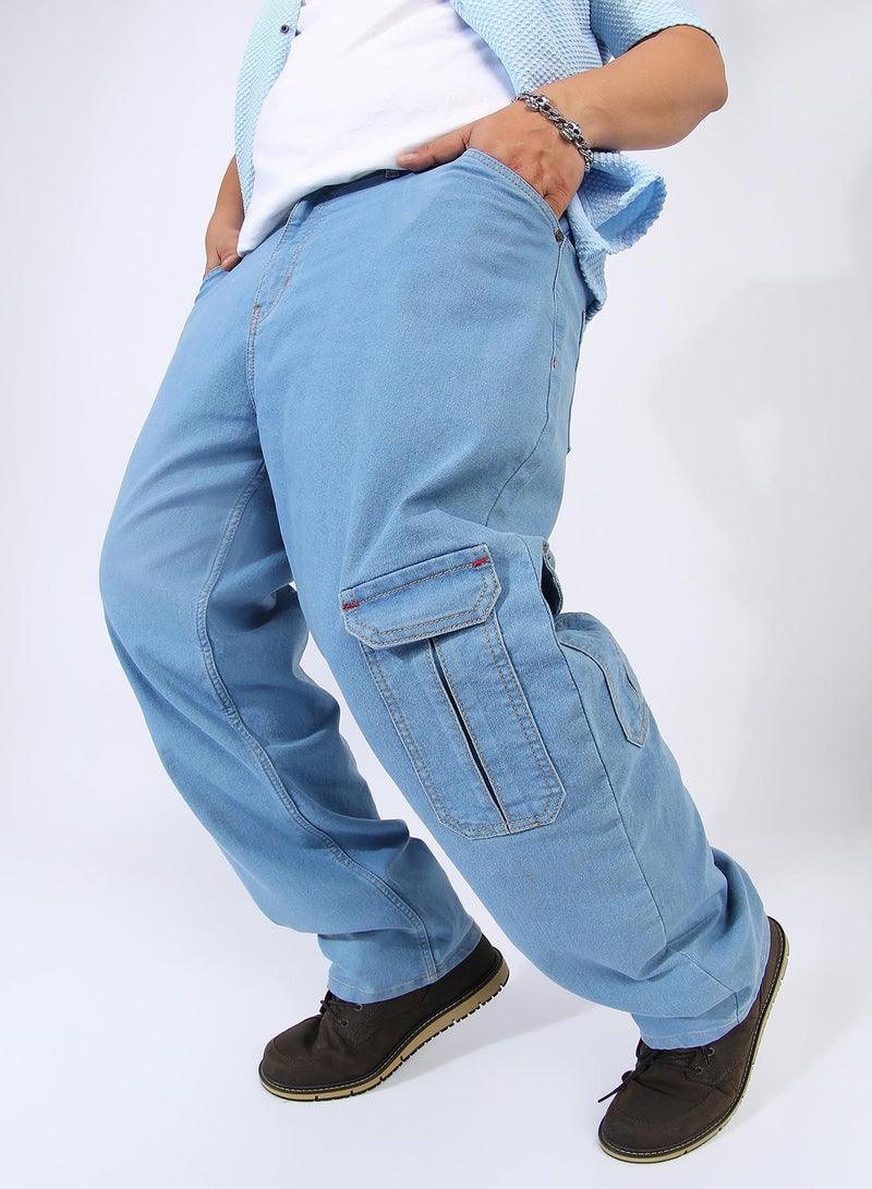 Instafab Plus Men's Light Blue Straight Cargo Denim Jeans - Image 1