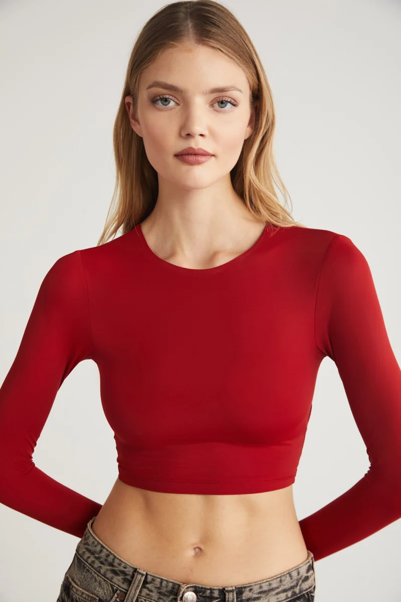 GRIMELANGE Jovana Women's Crew Neck Flexible Long Sleeve Crop Red Blouse