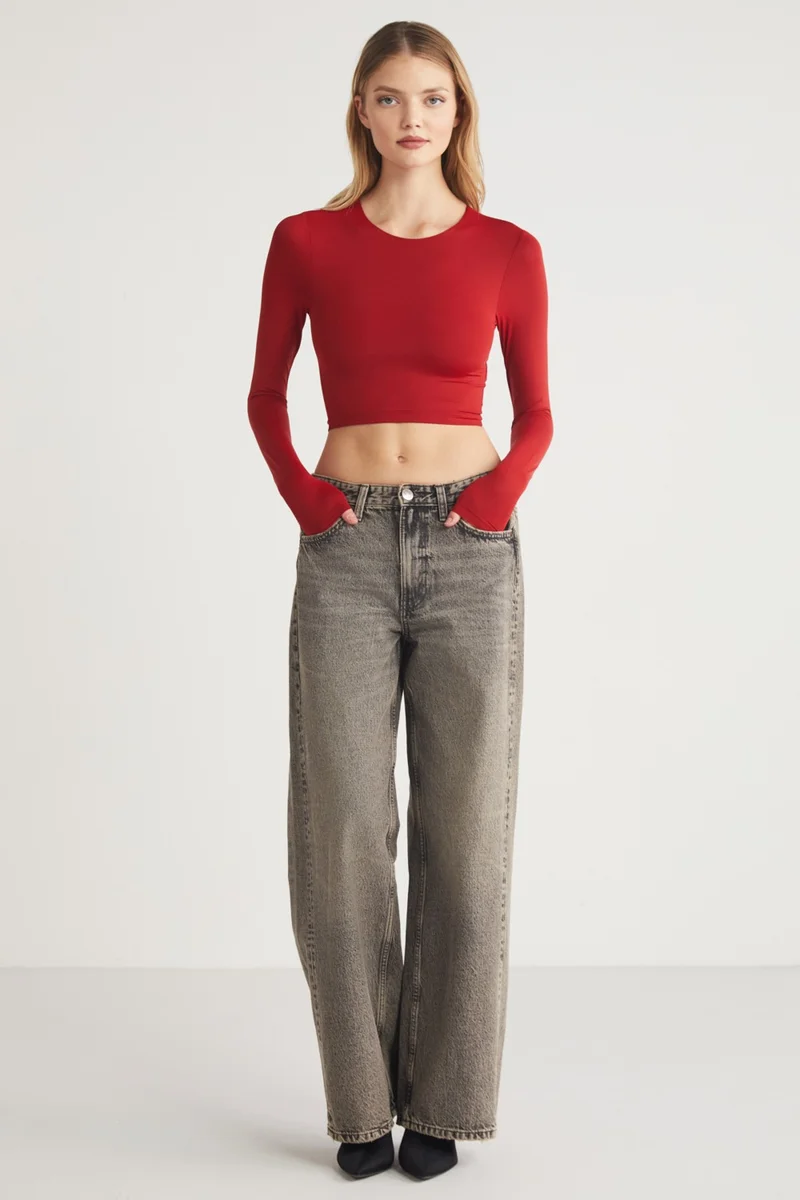 GRIMELANGE Jovana Women's Crew Neck Flexible Long Sleeve Crop Red Blouse