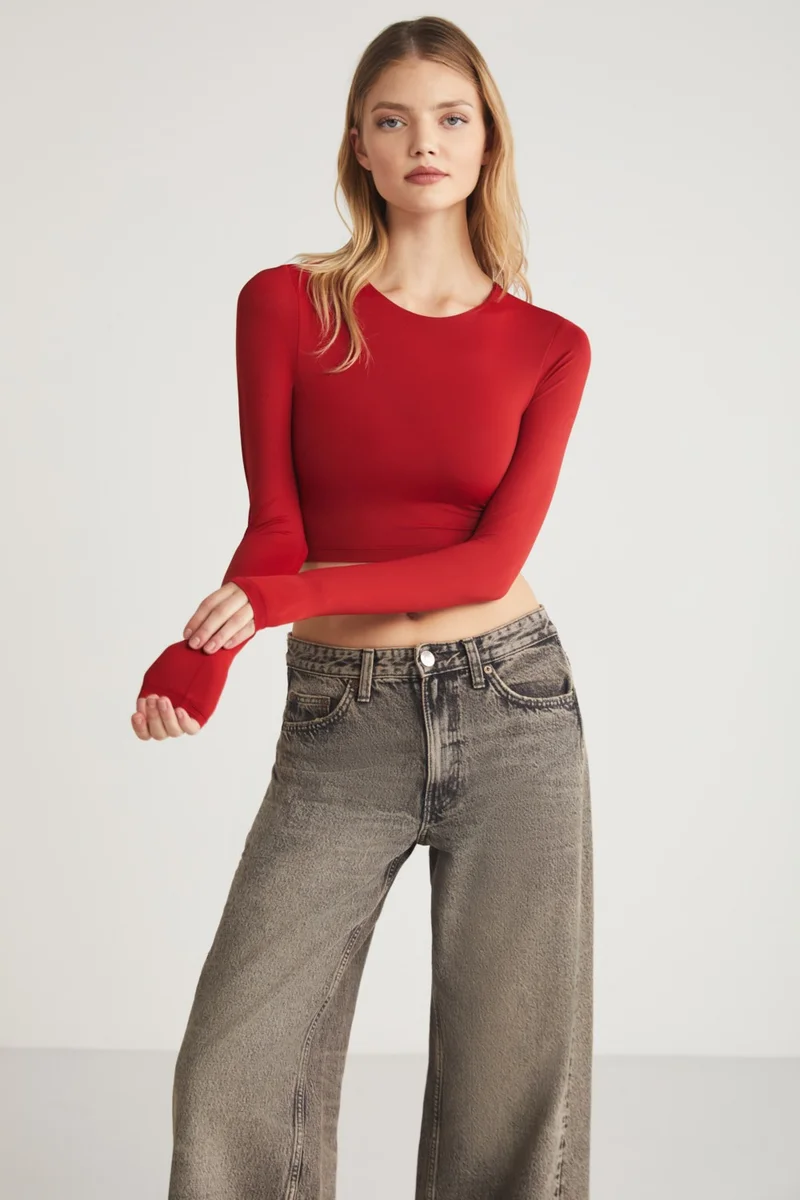 GRIMELANGE Jovana Women's Crew Neck Flexible Long Sleeve Crop Red Blouse