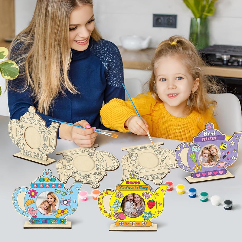 Haooryx Mother’s Day Wooden Picture Frame Set, Color Your Own Tea Pot Shaped Photo Frame for Mom, Uncolored Picture Frame with Painting Kit DIY Craft Supplies Mother’s Day Birthday Gift Tabletop Decor - Image 4