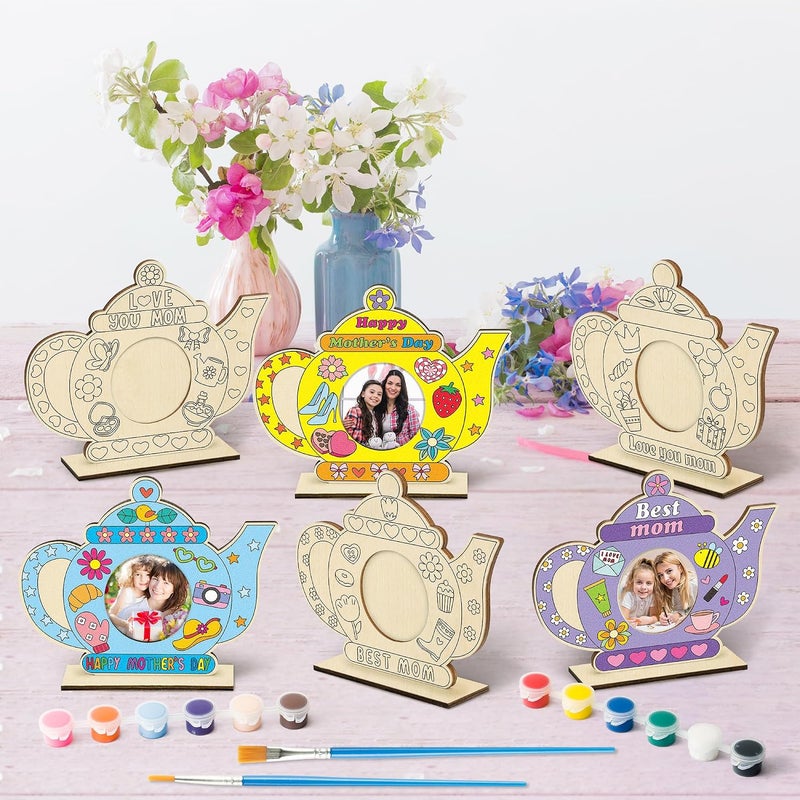 Haooryx Mother’s Day Wooden Picture Frame Set, Color Your Own Tea Pot Shaped Photo Frame for Mom, Uncolored Picture Frame with Painting Kit DIY Craft Supplies Mother’s Day Birthday Gift Tabletop Decor - Image 3