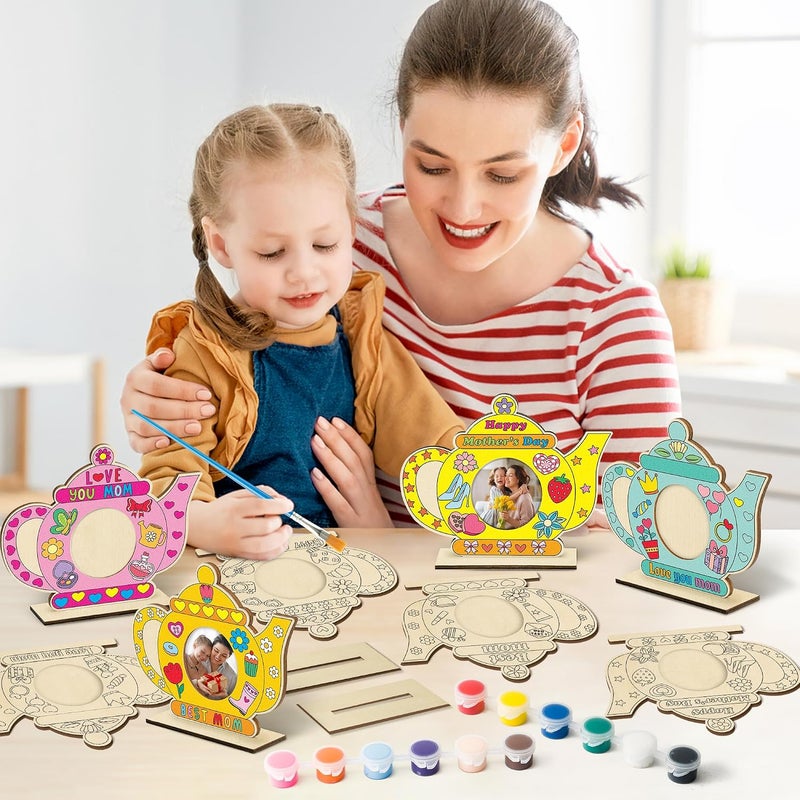Haooryx Mother’s Day Wooden Picture Frame Set, Color Your Own Tea Pot Shaped Photo Frame for Mom, Uncolored Picture Frame with Painting Kit DIY Craft Supplies Mother’s Day Birthday Gift Tabletop Decor - Image 5