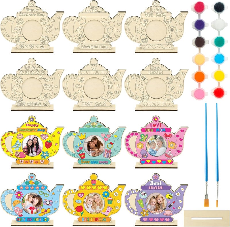 Haooryx Mother’s Day Wooden Picture Frame Set, Color Your Own Tea Pot Shaped Photo Frame for Mom, Uncolored Picture Frame with Painting Kit DIY Craft Supplies Mother’s Day Birthday Gift Tabletop Decor - Image 1