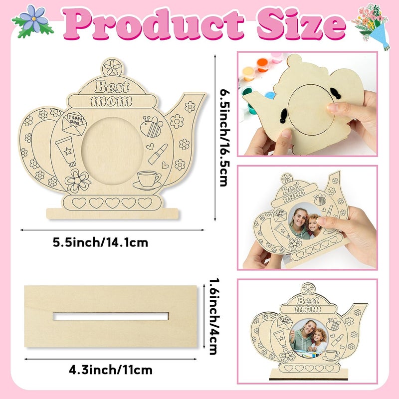 Haooryx Mother’s Day Wooden Picture Frame Set, Color Your Own Tea Pot Shaped Photo Frame for Mom, Uncolored Picture Frame with Painting Kit DIY Craft Supplies Mother’s Day Birthday Gift Tabletop Decor - Image 2