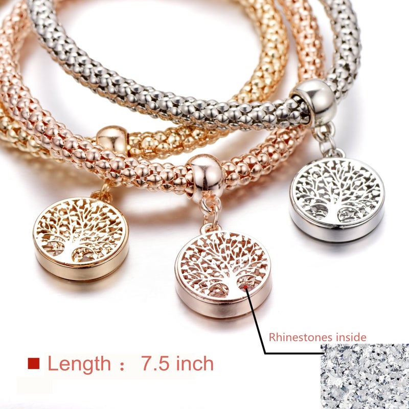 SILANER Crystal Charms Multilayer Bracelets - 3PCS Gold/Silver/Rose Gold Corn Chain Bracelet for Women, Tree of Life Heart Shaped Stretch Bracelet(Tree of Life Round Charm) - Image 4
