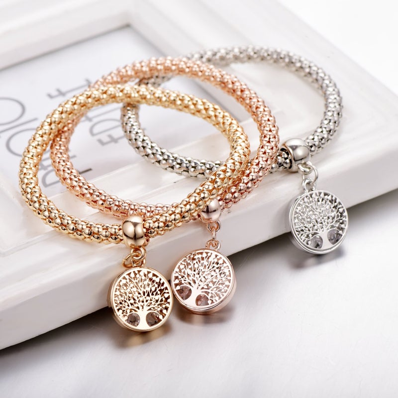 SILANER Crystal Charms Multilayer Bracelets - 3PCS Gold/Silver/Rose Gold Corn Chain Bracelet for Women, Tree of Life Heart Shaped Stretch Bracelet(Tree of Life Round Charm) - Image 2