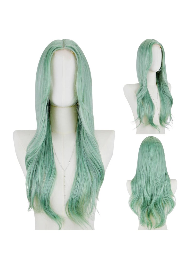 Styler - STYLER Long Green Wavy Wig for Women 29 Inch Middle Part Curly Wavy Wig Splayed Bangs Synthetic Heat Resistant Fiber Wig for Daily Use - Image 1
