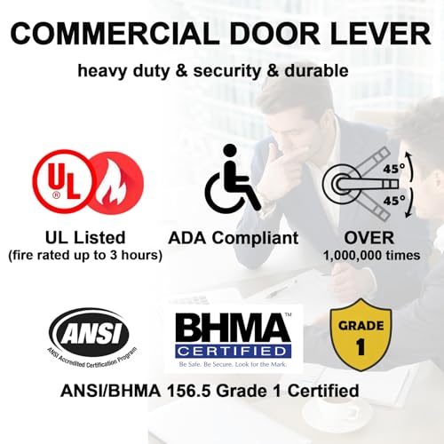 HISAFE Passage Grade 1 Commercial Door Locks Heavy Duty Engineering Door Lever NonHanded UL 3 Hour Fire Rated ADA Compliant Brass Latch 234Backset Satin Chrome 26D - Image 3