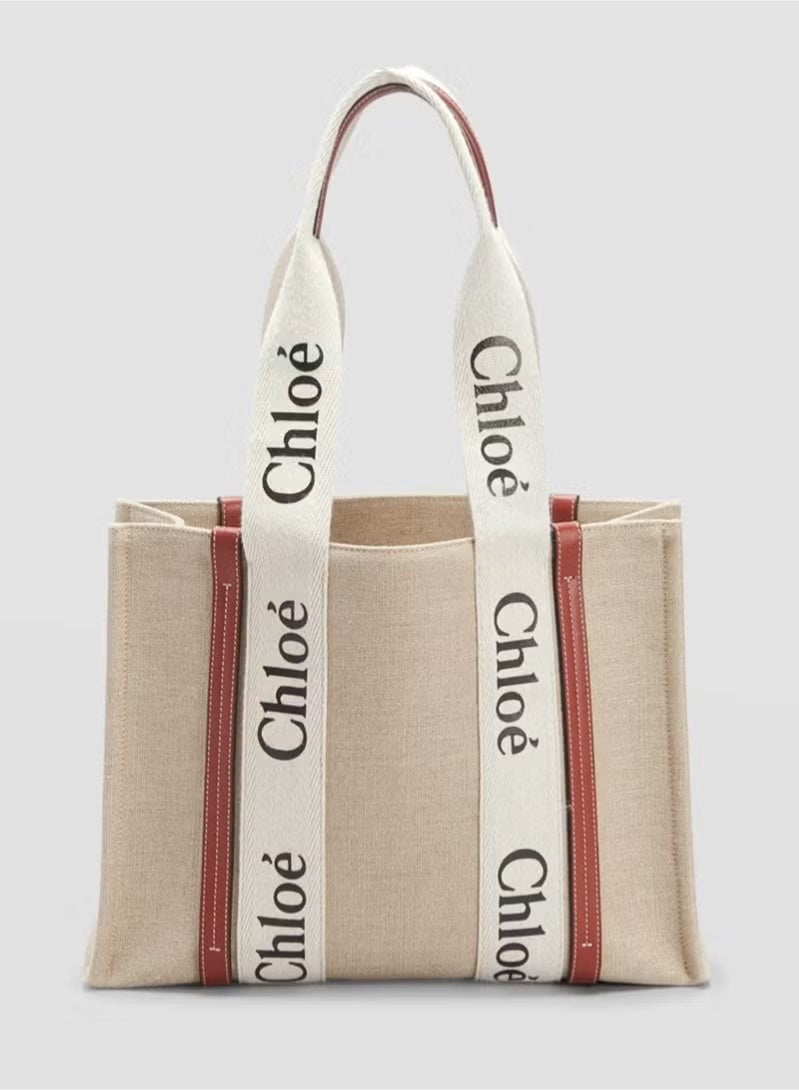 Chloe Woody Medium Women Tote Bag in Linen, Women Shoulder Bag, Women Hand Bag, Women's Travel Bag, Women's Shopping Bag, White-Brown - Image 1