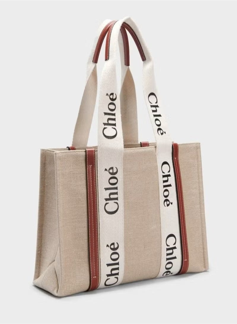 Chloe Woody Medium Women Tote Bag in Linen, Women Shoulder Bag, Women Hand Bag, Women's Travel Bag, Women's Shopping Bag, White-Brown - Image 2