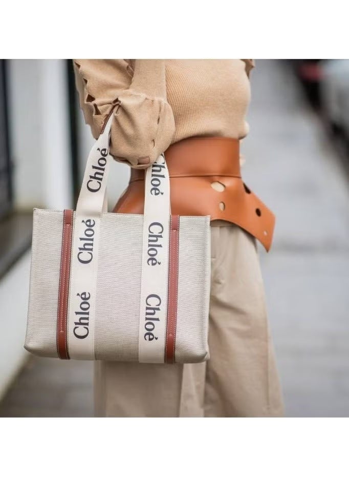 Chloe Woody Medium Women Tote Bag in Linen, Women Shoulder Bag, Women Hand Bag, Women's Travel Bag, Women's Shopping Bag, White-Brown - Image 3