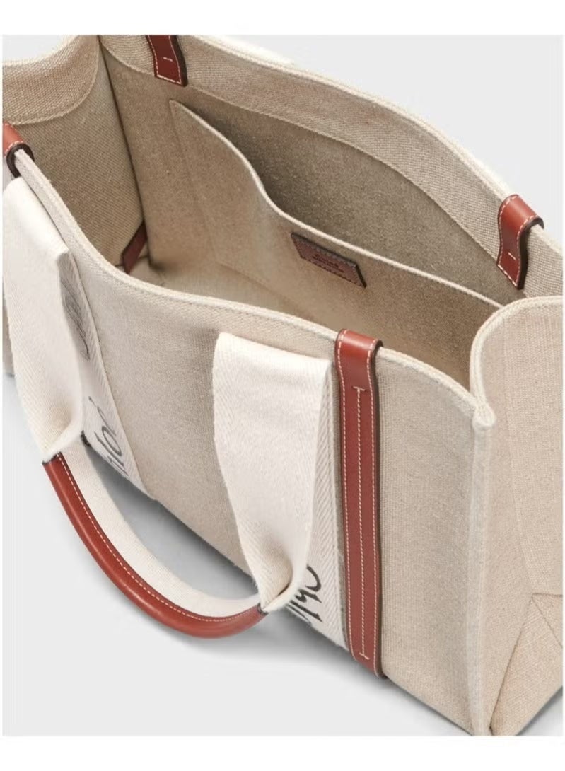 Chloe Woody Medium Women Tote Bag in Linen, Women Shoulder Bag, Women Hand Bag, Women's Travel Bag, Women's Shopping Bag, White-Brown - Image 4