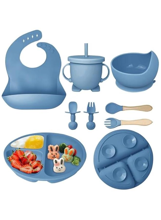 هوكور مجموعة اطعام الاطفال من تراسل، 8 قطع من لوازم الفطام LED من السيليكون تتضمن كوب وطبق اطفال ووعاء ومريلة قابلة للتعديل وكوب وملعقة وشوكة، مجموعة ادوات فطام للاطفال خالية من BPA لعمر 6 اشهر فما فوق - Image 1