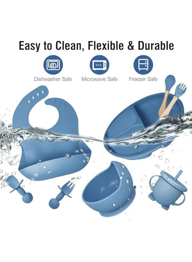 هوكور مجموعة اطعام الاطفال من تراسل، 8 قطع من لوازم الفطام LED من السيليكون تتضمن كوب وطبق اطفال ووعاء ومريلة قابلة للتعديل وكوب وملعقة وشوكة، مجموعة ادوات فطام للاطفال خالية من BPA لعمر 6 اشهر فما فوق - Image 4