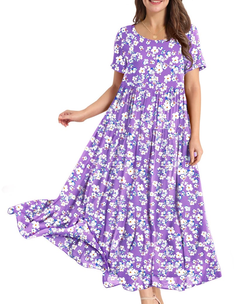 YESNO Women Casual Loose Bohemian Floral Dress with Pockets Short Sleeve Long Maxi Summer Beach Swing Dress XL EJF CR345 - Image 1
