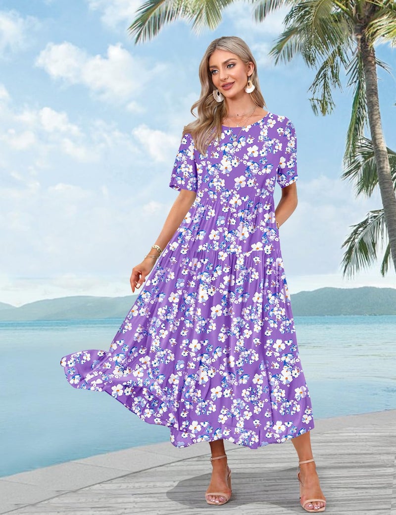 YESNO Women Casual Loose Bohemian Floral Dress with Pockets Short Sleeve Long Maxi Summer Beach Swing Dress XL EJF CR345 - Image 3