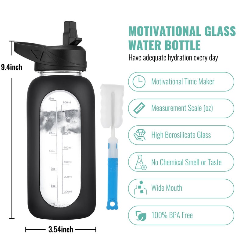 CIVAGO 32 oz Glass Water Bottle with Straw and Handle, Large Sports Motivational Water Bottle Flask with Time Marker and 2 Lids, Leakproof Water Jug Canteen with Silicone Sleeve for Gym,Black - Image 2