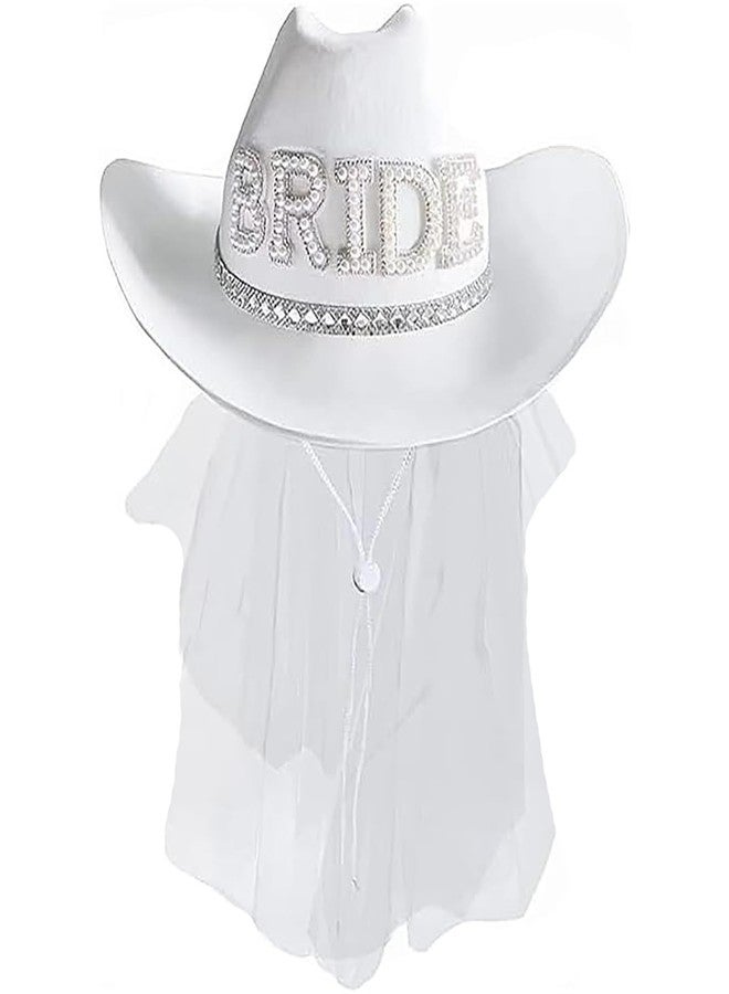 Delphinus Bridal Cowboy Hat, Bronzing Bride Cowgirl Hat White Velvet Fur Veil Favors Women Felt Party Hat,Bachelorette Party Bride to be Gift - Image 1